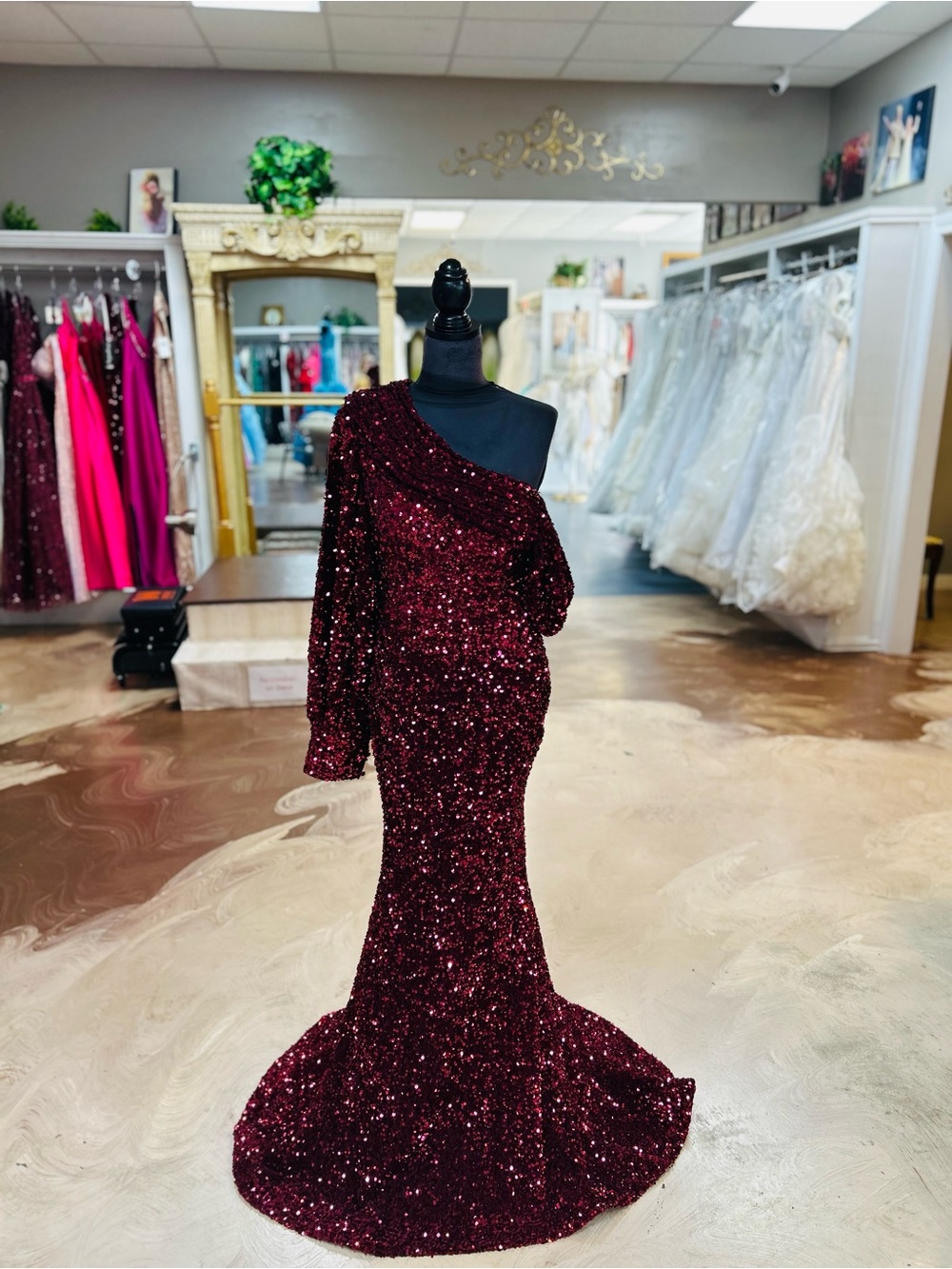 Portia and Scarlett Burgundy One-Shoulder Sequin Mermaid Gown